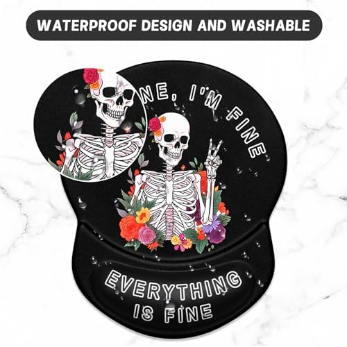 ITNRSIIET Ergonomic Mouse Pad with Gel Wrist Support Small Wrist Rest Smooth Surface Non-Slip PU Base Comfortable Office Supplies Pain Relief, 8.7 x 7.2 inches, Flower Skull