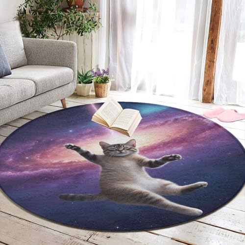 Women's Large Home Decor Mat, Soft Round Yoga Carpet, Non Slip Machine Washable Home Office Circle Rug Funny Space Cat