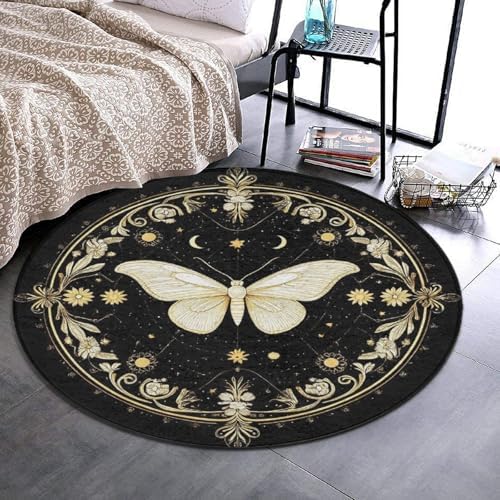 Soft Round Yoga Carpet, Office Chair Decor Round Mat for Carpet and Hardwood Floors Moth Gothic Witchy Sun Moon