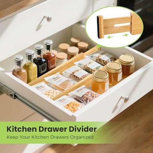 Fyvva Drawer Organizer, Spring-Loaded Expandable Bamboo Dividers 8-Pack