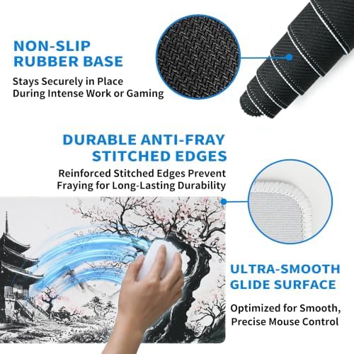 Extended Japanese Sakura Zen Desk Mat, XL Large Gaming Mouse Pad, Cherry Blossom Temple Stitched Edges Waterproof Non-Slip Rubber Base for Computer Keyboard Laptop Work Home Office 31.5"x11.8"