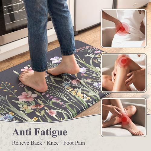 KIMODE Anti Fatigue Kitchen Mat, Farmhouse Floral Kitchen Rugs Grey Purple