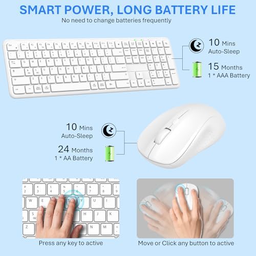 Wireless Keyboard and Mouse Combo, Full-Size Silent Ergonomic Keyboard and Mouse, Sleep Mode, Long Battery Life, 2.4G Lag-Free Cordless Mice Keyboard Set for Computer, Laptop, PC, Mac, Windows (White)