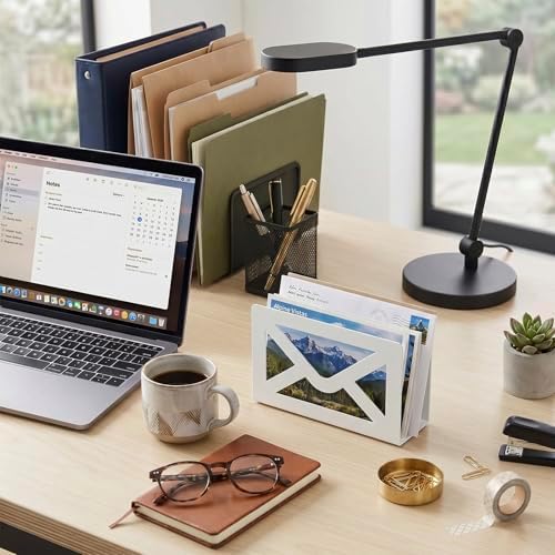 MyGift White Metal Desktop Mail Holder, Letter Organizer with Envelope