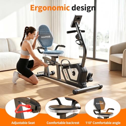 RAMXE Exercise Bikes for Home，Quiet Recumbent Stationary Bikes for Adults & Seniors, 16-Level Resistance Silent,Supports 400LB,Equipped With a Heart Rate Sensor, an LCD Display, and a Bluetooth App