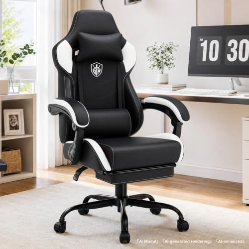 GTPLAYER Gaming Chair with Footrest, High Back Computer Chairs for Adults with Linkage Armrest Lumbar Support Heavy Duty 350lbs Ergonomic Swivel PC Game Chair for Office, White