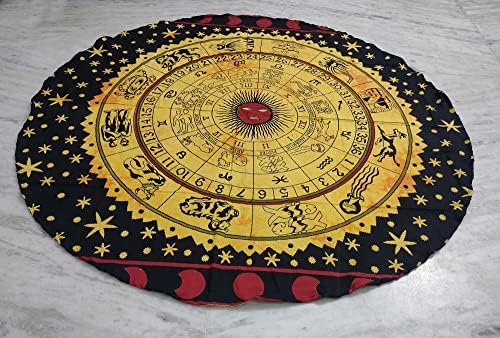 Round Beach Tapestry Turquoise Mandala Throw/Boho Hippie Beach Blanket Roundie/Indian Cotton Bohemian Large Round Table Cloth-Home Decor/Yoga Mat Meditation Picnic Rug (42", Yellow Black)