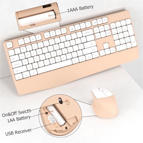 Ergonomic Wireless Keyboard and Mouse Combo with Wrist Rest, White Milk Tea
