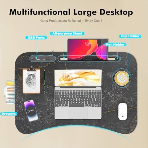 Lap Desk for Bed Adjustable Height, Foldable Bed Table with Storage Drawer, Tablet Slot & Cup Holder, Portable Laptop Stand for Bed & Sofa, Bed Desk for Adults & Kids, Deep Stone Color