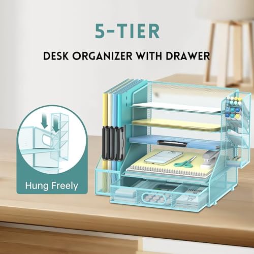 5-Tier Desk Organizer with File Holder & Pen Holder & Sliding Drawer, Blue