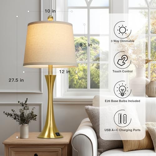 Rinweey 27.5" Gold Lamps for Living Room, Touch Control 3-Way Dimmable Bedside Nightstand Lamps Bedroom Lamp,Modern Gold Table Lamp with USB A+C Ports,Tall Lamps for Living Room End Table（1Pack）