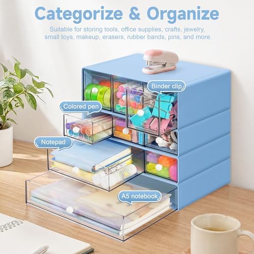 Desk Organizer with 9 Drawers, 4 Tiers Stackable Storage Drawers, Desktop Storage Box with Clear Drawers for Stationery, Makeup, Jewelry, Office and Craft Supplies (Blue)