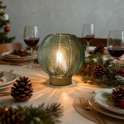 LUSHARBOR Battery Operated Decorative Glass Table Lamp with Timer Green