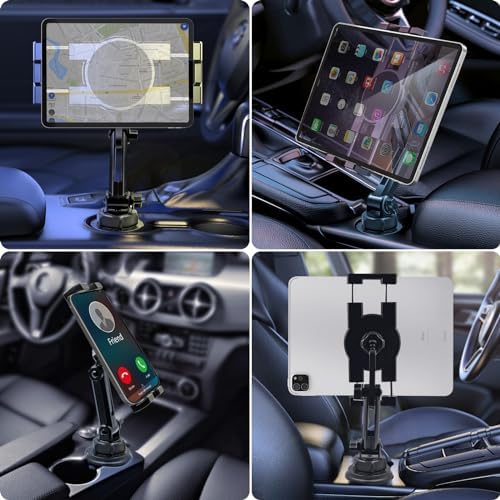 Cup Holder Car Tablet Mount, 360° Adjustable 2-Arm Stand Holder for iPad Pro 12.9/11/10.5/9.7/Air/Mini 6/5/4, Galaxy Tab/Z Fold 6/5, Amazon Fire HD, iPhone 16/15/14/Pro, 4.7-12.9" Tab & Phone