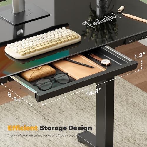 35" Electric Standing Desk with Drawer, One-Piece Glass Top