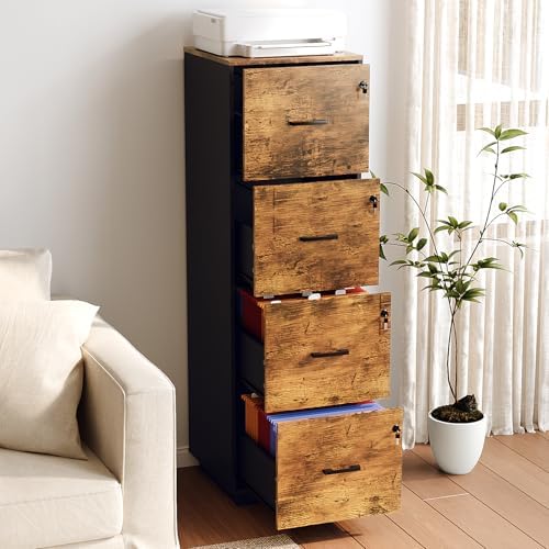 VINGLI 4 Drawer File Cabinet with Lock, Home Office Filing Organizer, for Letter Size File Folder Storage, Wood Tall Vertical Filing Cabinet, Printer Stand, Archivador (Rustic Brown)