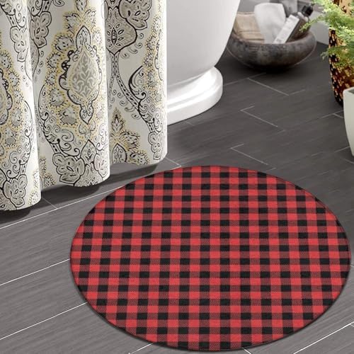 Large Round Area Rug Home Decor Modern Bathroom Rug Kitchen Office Circle Rug for Living Room Sofa Circle Cute Mat Christmas Tartan Red Black Buffalo Check Plaid, 24inch
