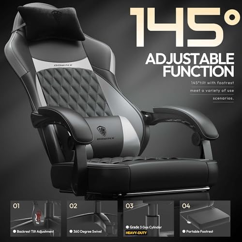 Dowinx Gaming Chair with Pocket Spring Cushion, Ergonomic Computer Chair with Massage Lumbar and Footrest for Adults, High Back Game Chair Leather for Office Gaming 300LBS, Grey New