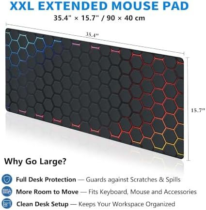 Extended Honeycomb Technology Desk Mat, XXL Large Gaming Mouse Pad, Neon-Inlaid Hexagons Stitched Edges Waterproof Non-Slip Rubber Base for Computer Keyboard Laptop Work Home Office 35.4"x15.7"