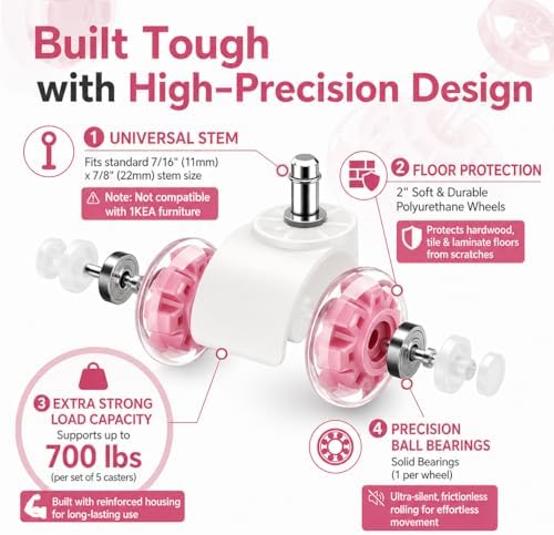 Pink Office Chair Wheels, 2 Inch Heavy-Duty Rubber Wheels for Office Chair, Computer Gaming Desk Chair Wheels-Set of 5, Smooth Rolling for Hardwood Carpet Tile Floors, 11 * 22mm Universal fit