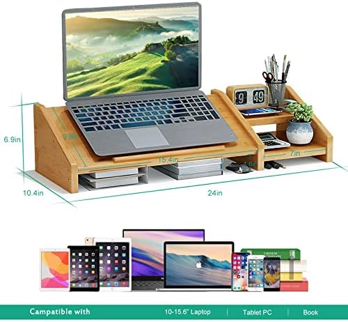 Ufine Bamboo Laptop Stand for Desk with Storage Computer Monitor Riser