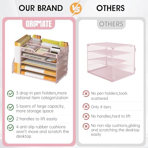 5 Tier Paper Letter Tray Desk Organizer with Pen Holders - Pink