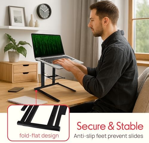 Pyle Portable Folding Laptop Stand - Foldable Laptop Stand with Adjustable Height, Secondary Accessory Tray for iPad, Tablet, DJ Mixer, Workstation, Gaming, Home Use and Carrying Bag Included