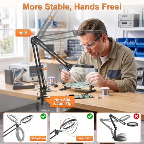 10X Magnifying Glass Lamp w/Clamp, 360° Shadow-Free Light for Close Work