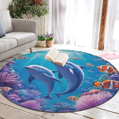 Room Sofa Yoga Soft Round Carpet, Home Decor Non Slip Kitchen Office Circle Rug, Machine Washable Modern Round Area Rug Sea Underwater Beautiful Sea World Dolphins, 36inch