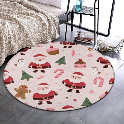 Large Home Decor Mat, Soft Round Yoga Carpet, Non Slip Machine Washable Kitchen Office Circle Rug Pink Santa Claus Christmas
