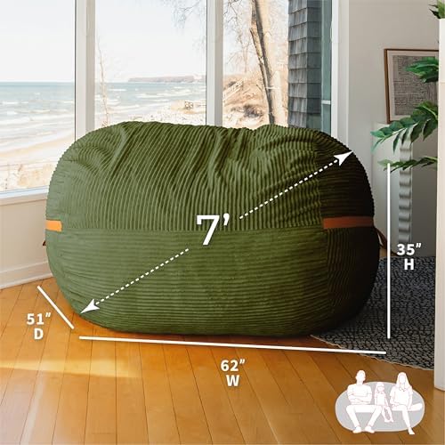 Big Joe Fuf 7Ft Giant Foam Bean Bag Chair, Oversized Couch with Removable Cover for Kids, Teens, Adults, Moss Green Corded Plush, 7 Foot Giant