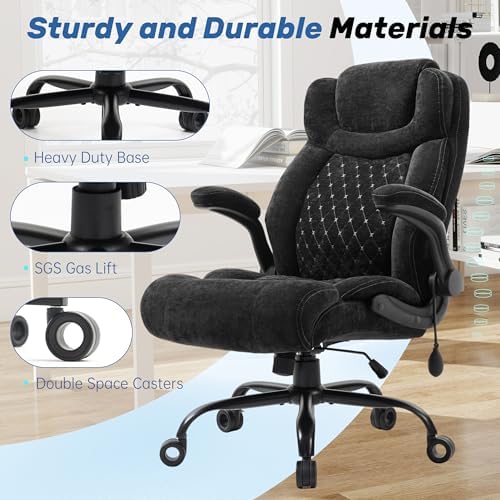 550LBS Big and Tall Office Chair, Comfy Heavy Duty Executive Chair with Adjustable Lumbar Support Double Spaces Casters, Fabric Extra Wide Seat Ergonomic Computer Desk Chair for Back Pain,Blackcloth