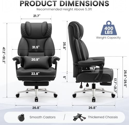 BestGlory Office Desk Chair, Big and Tall Leather Gaming Chair with Footrest, Ergonomic Comfy Executive High-Back Reclining Computer Chairs, Wide Swivel Rolling Wheels and Padded Lumbar Support, Black