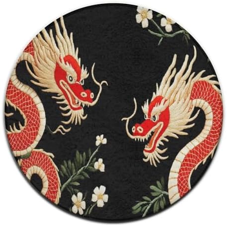 Soft Round Yoga Carpet, Large Home Decor Mat, Non-Slip Machine Washable Kitchen Office Circle Rug Compatible with Floral Chinese Japanese Dragon Flower