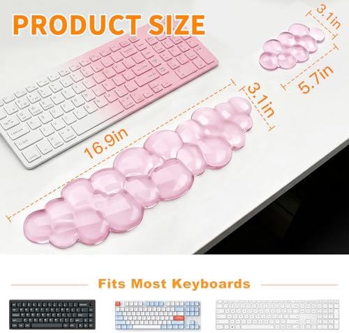 Cloud Keyboard and Mouse Wrist Rest Set, Clear Gel Keyboard Mouse Wrist Rest Support Pad for Typing Pain Relief, Cute Aesthetic Desk Decor Accessory for Home Office Dorm(Pink)