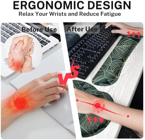 Britimes Ergonomic Mouse Pad Set with Wrist Rest, Green Palm Leaves