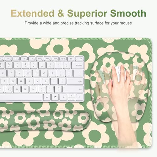 Large Mouse Pad with Wrist Support 4in1 Set, XXL Game Mousepad +Keyboard Wrist Rest+Mouse Wrist Rest+Coaster Ergonomic Design Gaming Mat for Home Office Table Computer I Vintage Groovy Flowers