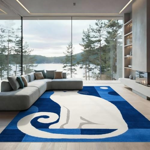 6'x9' Blue White Cat Sapphire Design Ultra-Soft Area Rug