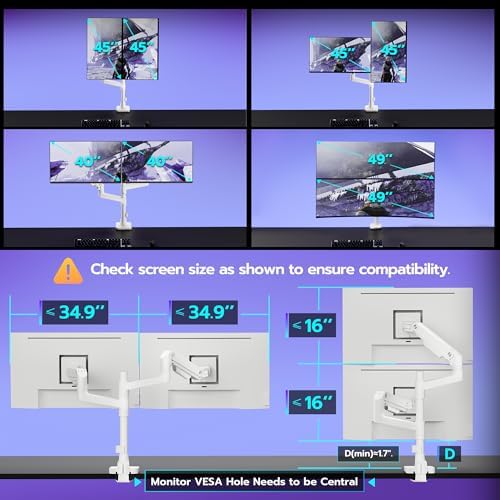 Dual Monitor Arm Desk Mount for 17-49 Inch Monitors Holds 44 lbs, White