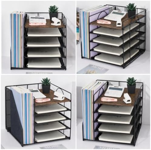 LEKETREE Desk Organizers and Accessories, 5-Tier Paper Letter Tray Organizer with File Holder, Desktop Organizer for Office Supplies (Wood)
