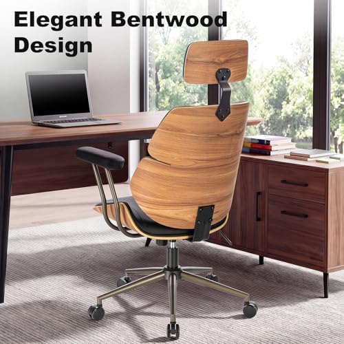 Mid Century Walnut PU Leather High Back Office Chair with Headrest, Black