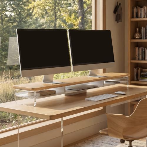 Fenge 42.5" Dual Monitor Stand with Clear Acrylic Legs, Dark Oak