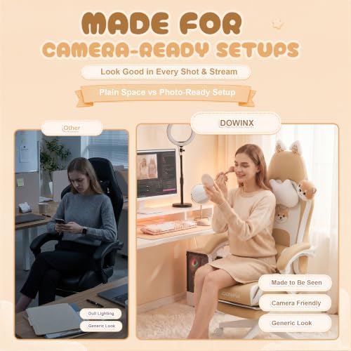 Dowinx Gaming Chair with Cat Ears and Massage Lumbar Support, Ergonomic Computer Chair with Footrest and Headrest, Comfortable Reclining Game Chair 290lbs for Adults, Brown