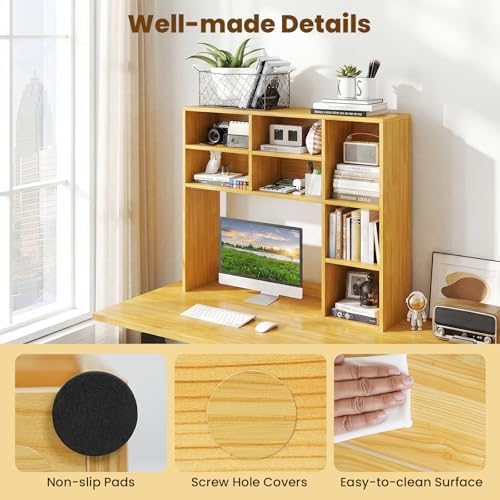 Giantex Desktop Bookshelf, Desk Hutch Dorm w/ 7 Cubes & 3 Adjustable Shelves, Desk Shelf for Up to 27" Computer Monitors, Wooden Desktop Storage Organizer for Dorm College Office Home (Burlywood)