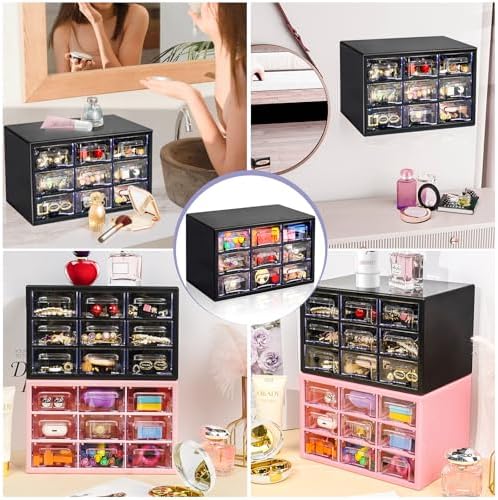 Stackable Desk Organizer with 9 Drawers, Clear Storage Box, Black