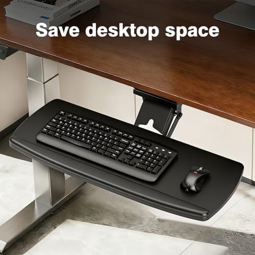 Keyboard Tray Under Desk with Storage Drawer, Height Adjustable Keyboard Tray Slide Out 360° Swivel Tilt, Ergonomic Under Desk Mount Keyboard & Mouse Holder for Gaming Home Office, Black