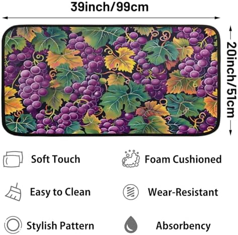 Kitchen Mats, Grape Print Kitchen Rugs, Cushioned Anti Fatigue Kitchen Mats, Non-Slip Standing Desk Mat, Absorbent Kitchen Rug for Floor, Kitchen, Office, Sink, 20"×39"