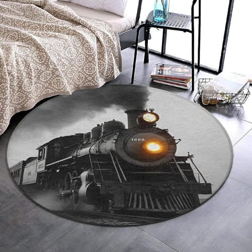 Fashion Round Area Rug Large Non Slip Carpet Unisex Home Decor Mat Black Steam Train
