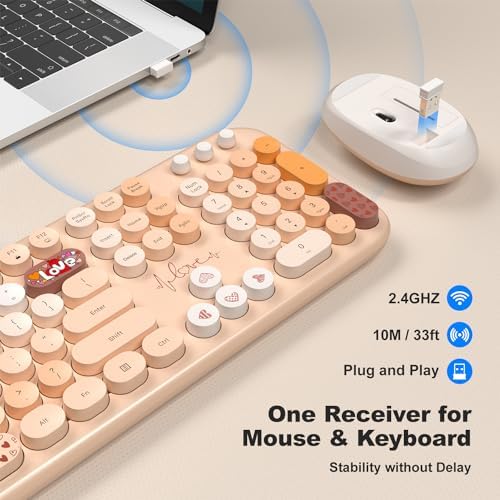 MOFII Wireless Keyboard and Mouse Combo, Full Size 2.4G Plug and Play Typewriter Retro Round Computer Keyboard and Mouse Set for Windows, Computer, Desktop, PC, Notebook - (Milk Tea Colorful)