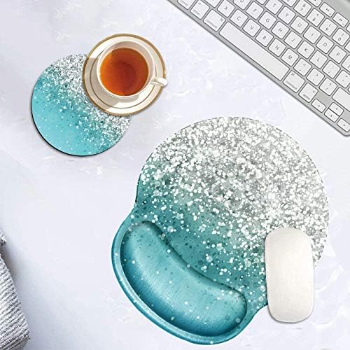 Ergonomic Mouse Pad with Wrist Support Gel, Glitter Blue Sparkle Gaming Mousepad with Wrist Rest Non-Slip Rubber Base for Laptop Computer Home Office + Cup Coaster